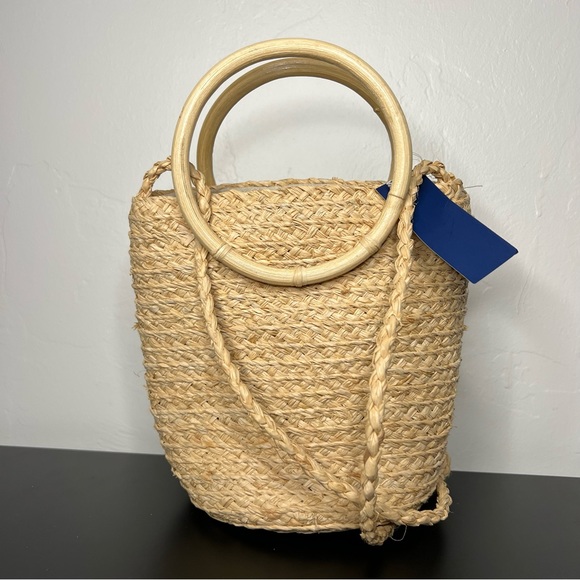 NEW! Hat Attack Cuff Bag Natural Straw Woven Mini Tote Bamboo Circle Handles NWT - Picture 10 of 11